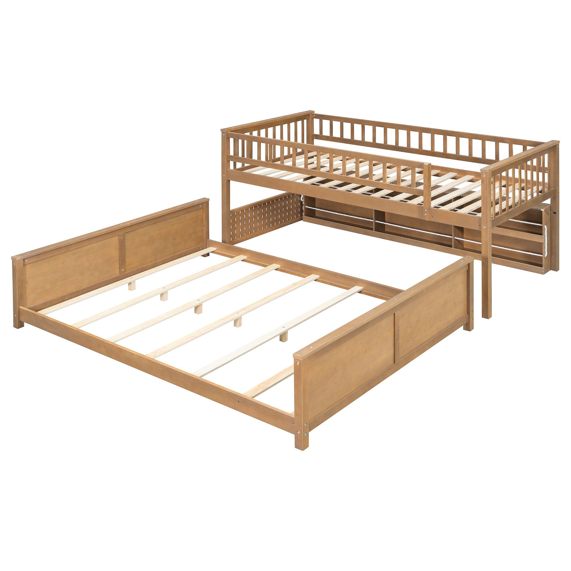 Alt View 5. Anysun - Twin XL over Queen Bunk Bed with Integrated Shelving, Color-Changing Lights and Pegboard - Brown.