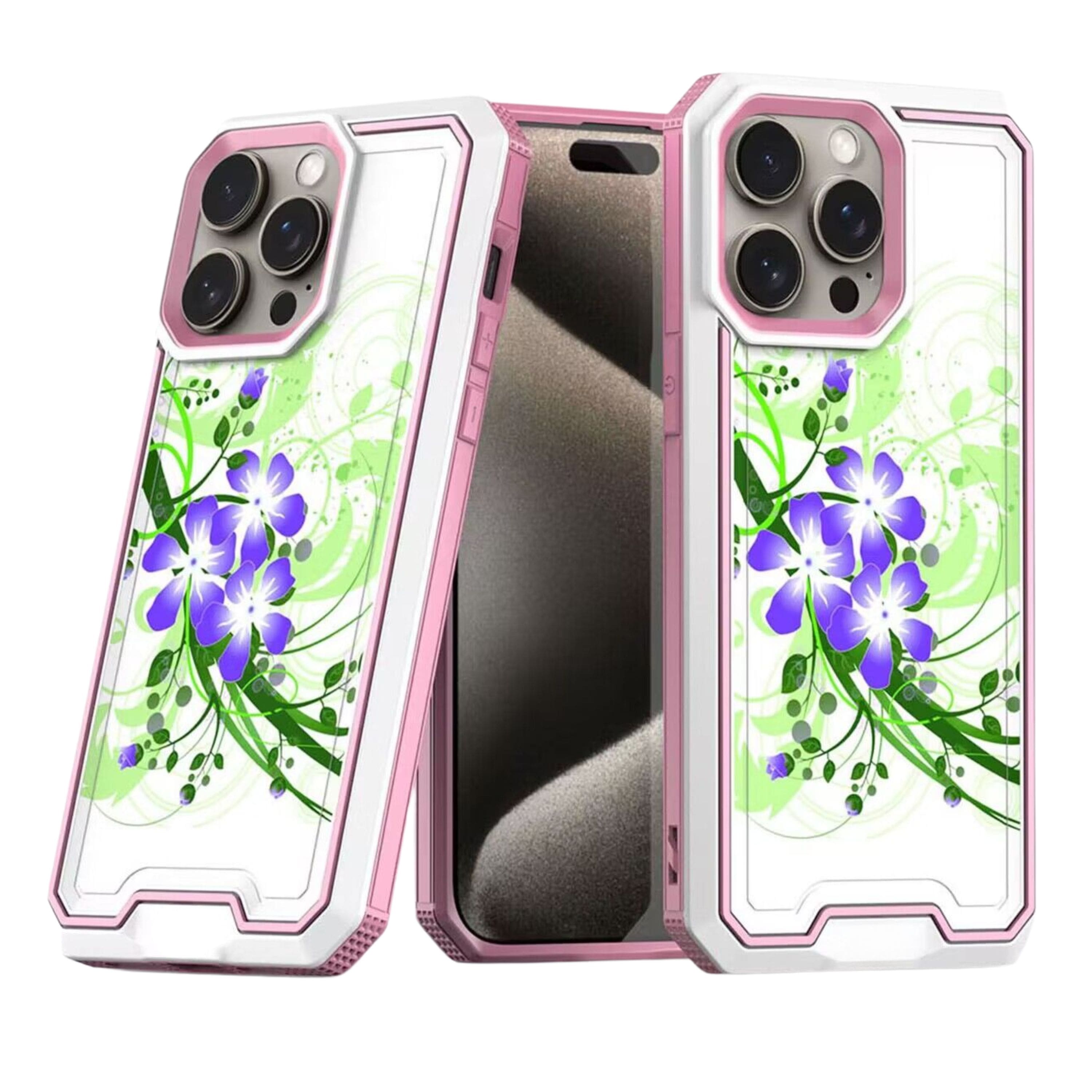 Kitcheniva - Printed Fused Hybrid Case With 2 Pcs Tempered Glass For iPhone 15 Pro Green Floral - Multicolor