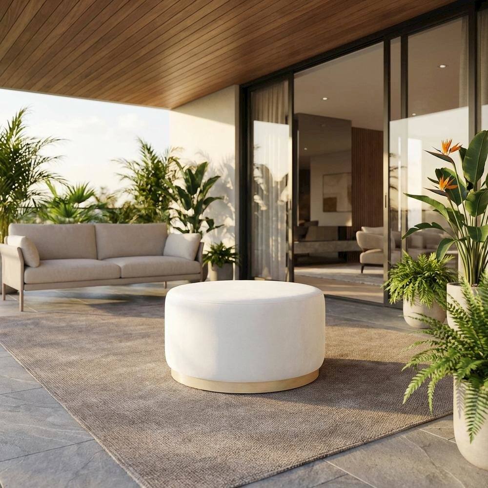 Angle. Outdoor Escape - Round Performance Velvet Ottoman With Upholstered Top For Outdoor Use - Gray.