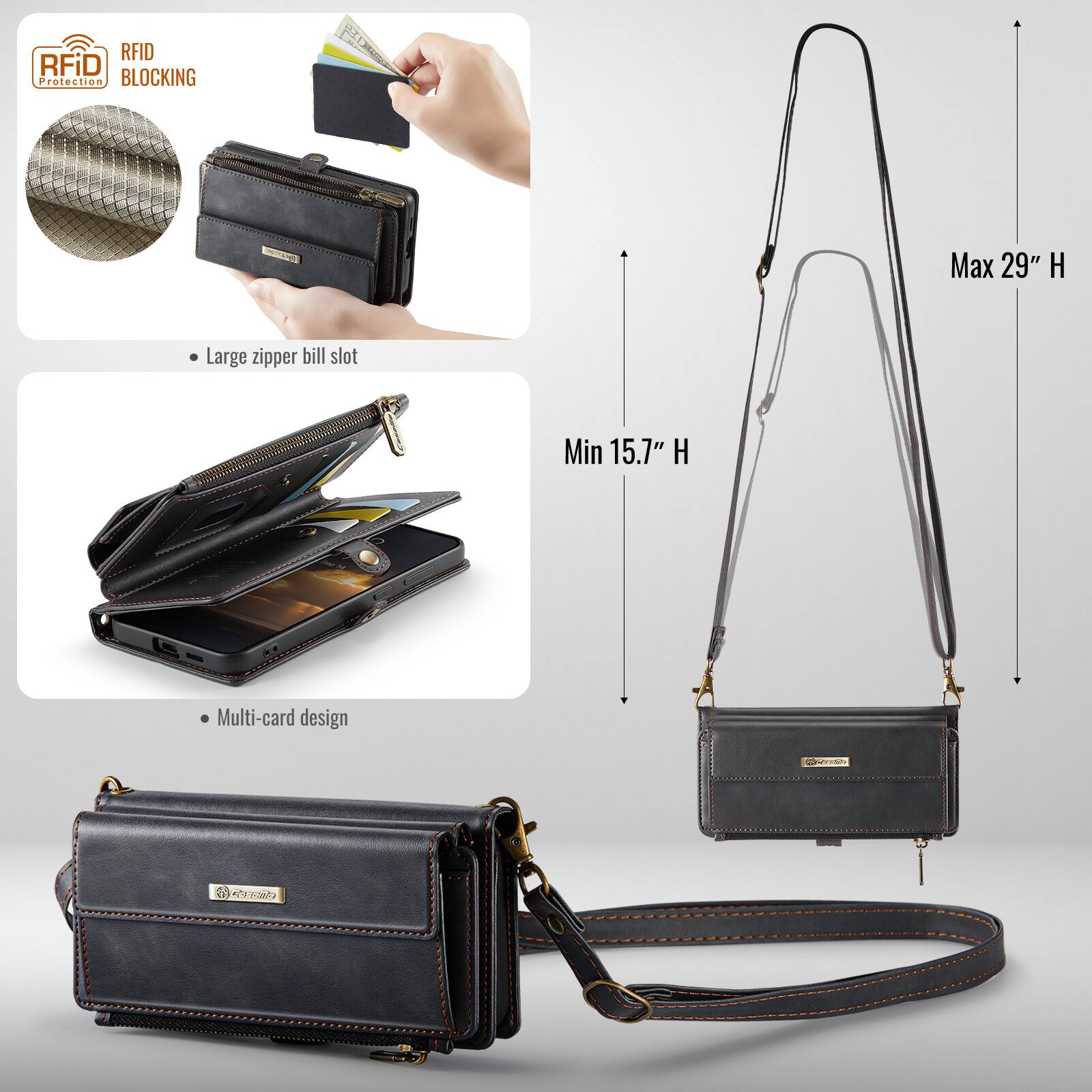 RFID Protection BLOCKING

- Large zipper bill slot
- Multi-card design

Max 29" H
Min 15.7" H