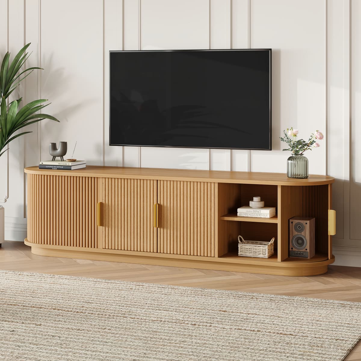 Spaco - Farmhouse Fluted TV Stand for 75" TV, Wooden Media Console with Sliding Tambour Door and Storage for Living Room - Natural