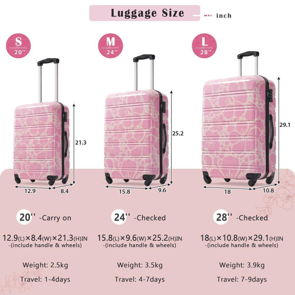 Luggage Size  
(inch)

S 20"  
21.3 (H) x 12.9 (L) x 8.4 (W)  
- Carry on  
Weight: 2.5kg  
Travel: 1-4 days

M 24"  
25.2 (H) x 15.8 (L) x 9.6 (W)  
- Checked  
Weight: 3.5kg  
Travel: 4-7 days

L 28"  
29.1 (H) x 18 (L) x 10.8 (W)  
- Checked  
Weight: 3.9kg  
Travel: 7-9 days

(include handle & wheels)