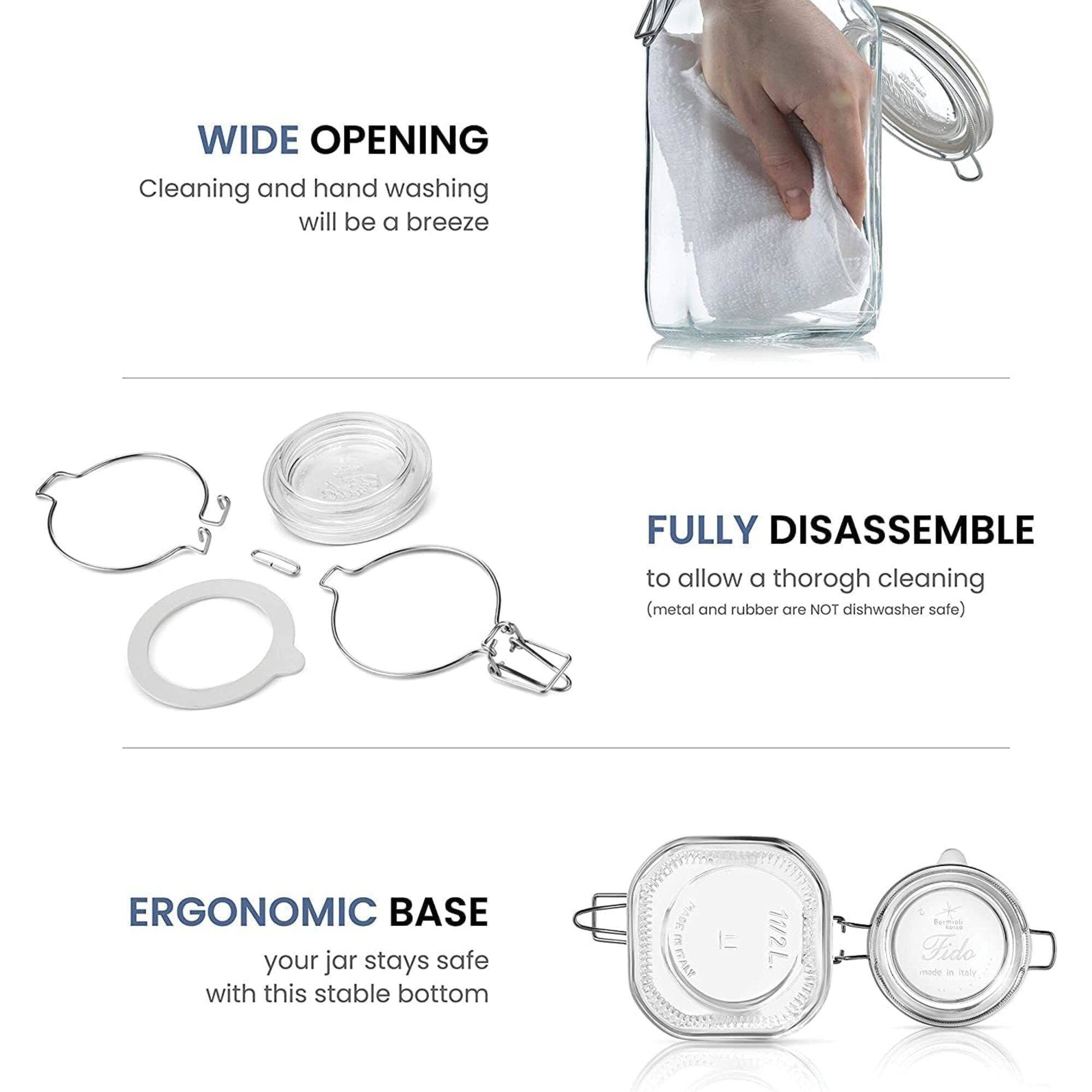 WIDE OPENING  
Cleaning and hand washing will be a breeze  

FULLY DISASSEMBLE  
to allow a thorough cleaning (metal and rubber are NOT dishwasher safe)  

ERGONOMIC BASE  
your jar stays safe with this stable bottom  

MADE IN ITALY  
1.5L  
Fido