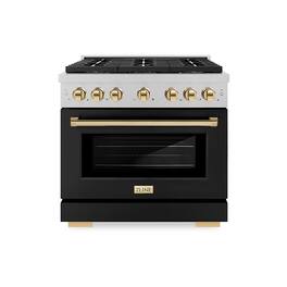 ZLINE - Autograph 36 in. 5.2 cu. ft. Freestanding Paramount Dual Fuel DuoPro Range in Satin Steel w/ Black & Gold Accents - Black Matte