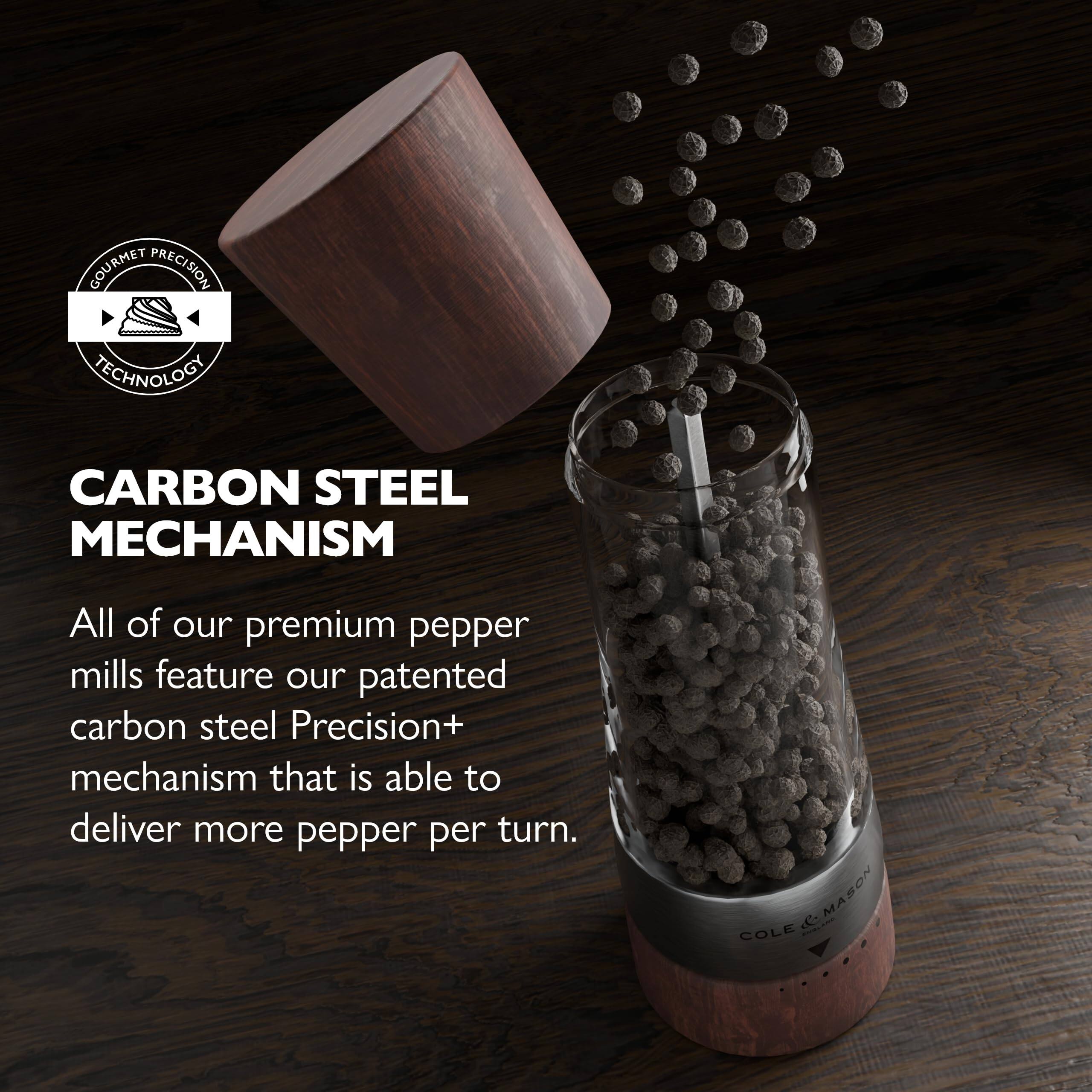 GOURMET PRECISION TECHNOLOGY  
CARBON STEEL MECHANISM  

All of our premium pepper mills feature our patented carbon steel Precision+ mechanism that is able to deliver more pepper per turn.  

MASON & COLE