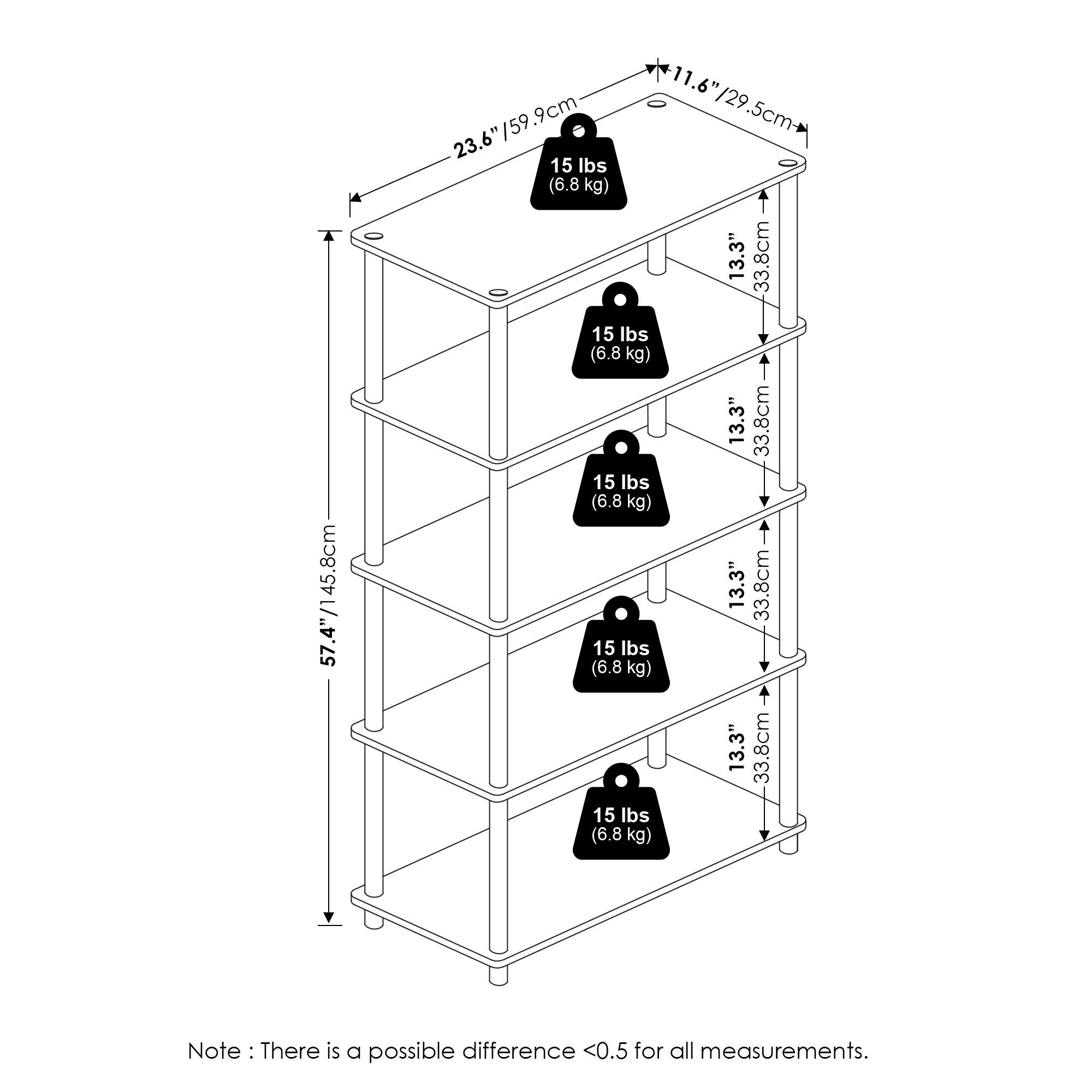 - 45.8 cm
- 57.4" / 145.8 cm
- 11.6" / 29.5 cm
- 23.6" / 59.9 cm
- 13.3" / 33.8 cm
- 15 lbs (6.8 kg)
- Note: There is a possible difference <0.5 for all measurements.