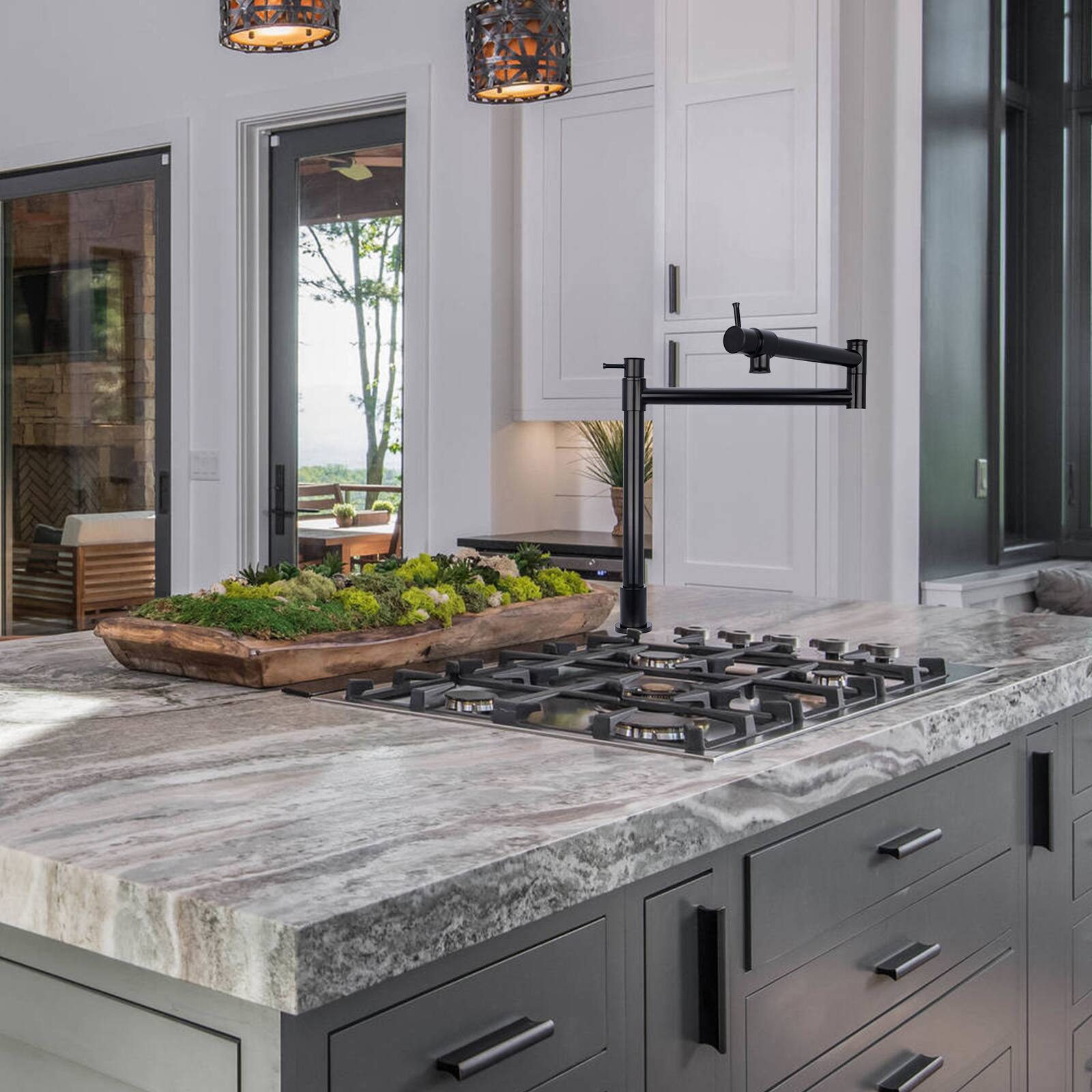 Alt View 5. Akicon - Akicon Solid Brass Deck-Mounted Pot Filler Kitchen Faucet with Double Joint Swing Arms in Matte Black - Matte Black.