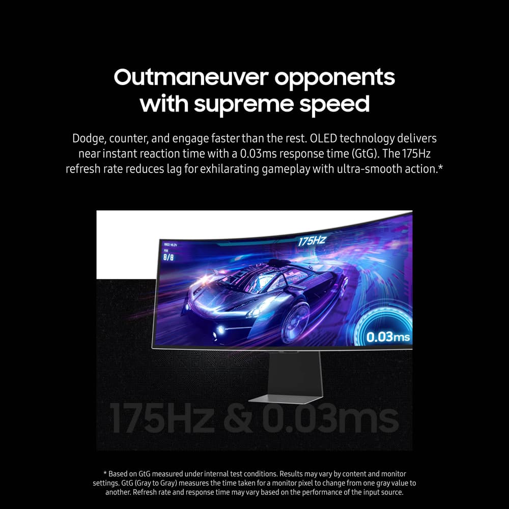 Outmaneuver opponents with supreme speed. Dodge, counter, and engage faster than the rest. OLED technology delivers near instant reaction time with a 0.03ms response time (GtG). The 175Hz refresh rate reduces lag for exhilarating gameplay with ultra-smooth action.