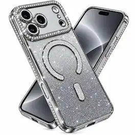 Dteck - Magnetic Case for iPhone 18 Pro Max, Compatible with Magsafe Accessory Glitter Bling Card & Soft TPU Rhinestone Cover - Silver