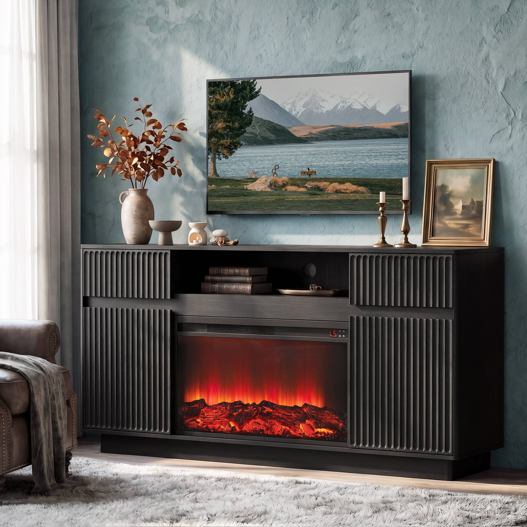 Alt View 2. paproos - Fireplace TV Stand with 30" Electric Fireplace, Modern Fireplace Entertainment Center Fits TVs up to 70" for Living Room - Black.