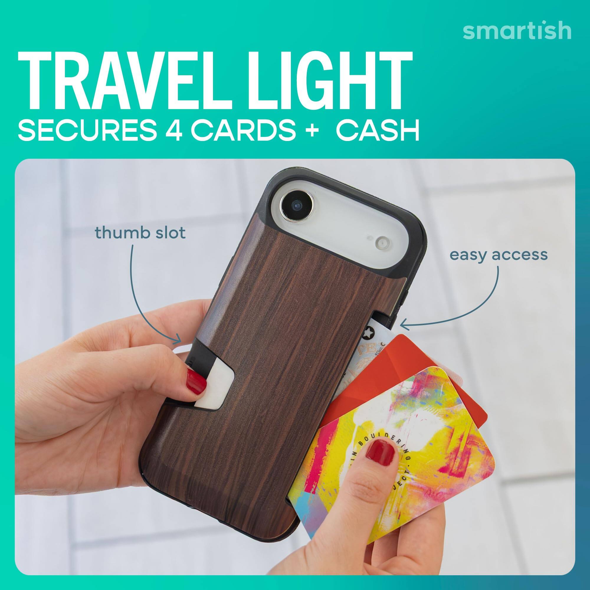 smartish TRAVEL LIGHT SECURES 4 CARDS + CASH  
thumb slot  
easy access