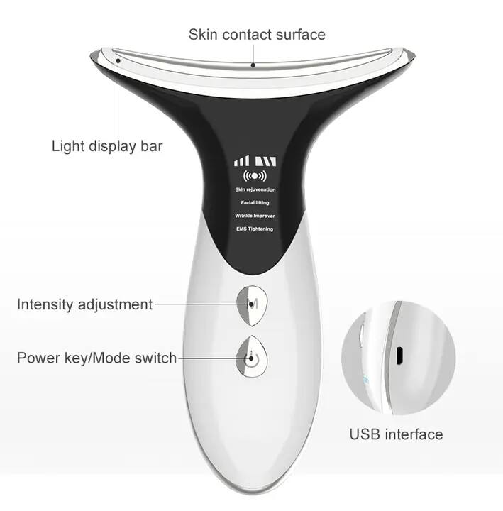 Skin contact surface  
Light display bar  
Skin rejuvenation  
Facial lifting  
Wrinkle Improver  
EMS Tightening  
Intensity adjustment  
Power key/Mode switch  
USB interface