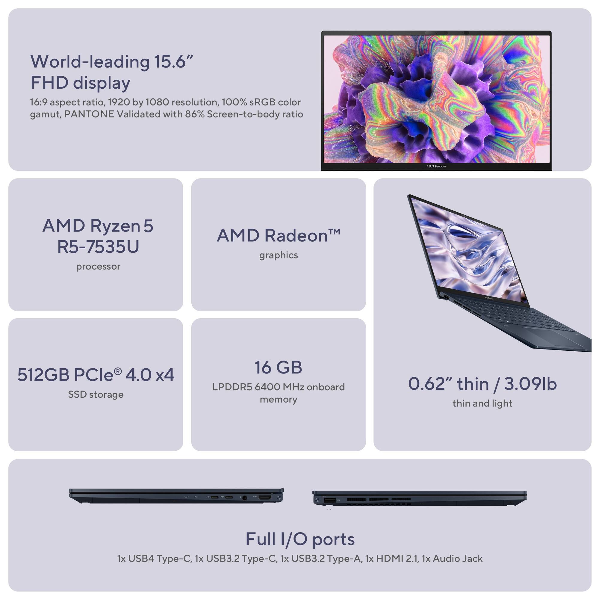 Zoom in on World-leading 15.6" FHD display: 16:9 aspect ratio, 1920 by 1080 resolution, 100% sRGB color gamut, PANTONE Validated with 86% Screen-to-body ratio.
AMD Ryzen 5 R5-7535U processor: AMD Radeon graphics 3.
512GB PCle 4.0 x4 SSD storage: 16 GB LPDDR5 6400 MHz onboard memory.
0.62" thin / 3.09lb thin and light: Full 1/O ports.
1x USB4 Type-C, 1x USB3.2 Type-C, 1x USB3.2 Type-A, 1x HDM 2.1, 1x Audio Jack.