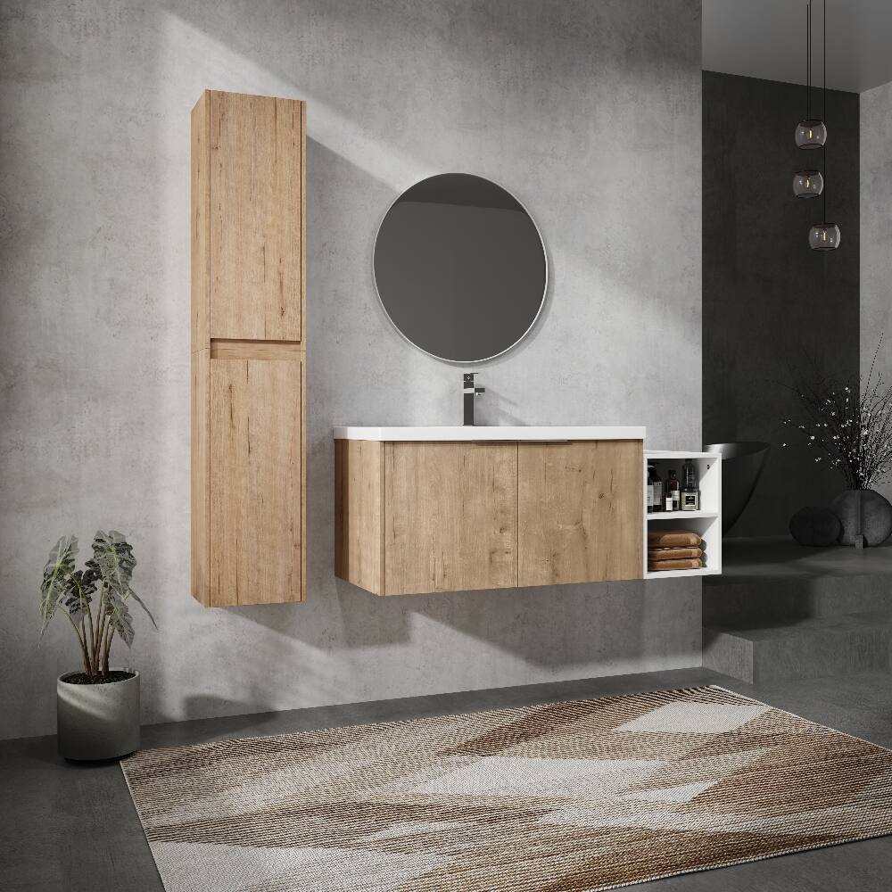 Alt View 1. Loheer - Loheer 48 inch wall mounted bathroom vanity with side cabinet, imitative oak - Imitative Oak.