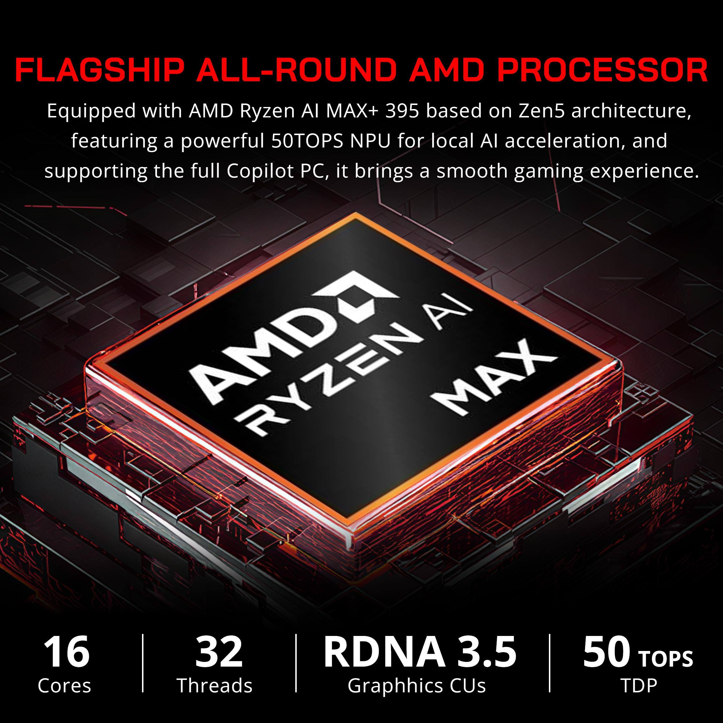 FLAGSHIP ALL-ROUND AMD PROCESSOR

Equipped with AMD Ryzen AI MAX+ 395 based on Zen5 architecture, featuring a powerful 50TOPS NPU for local AI acceleration, and supporting the full Copilot PC, it brings a smooth gaming experience.

AMD Ryzen AI MAX+ 16 Cores 32 Threads RDNA 3.5 Graphics CUs 50 TOPS TDP
