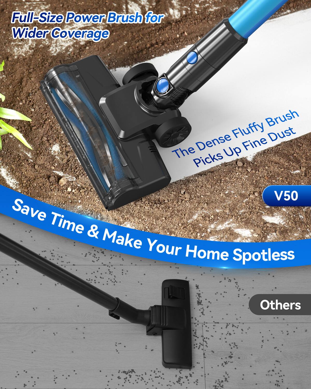 Full-Size Power Brush for Wider Coverage

The Dense Fluffy Brush Picks Up Fine Dust

Save Time & Make Your Home Spotless

V50

Others