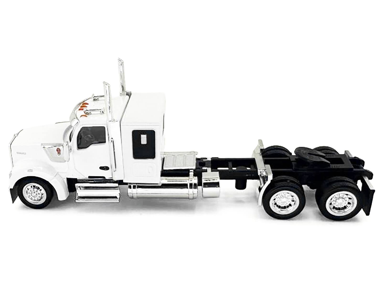 Angle. HO Logistics Replicas - Kenworth W990 with Flat Top Sleeper Cab White 1/87 (HO) Plastic Model Car by HO Logistics - White.