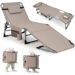 Costway - Outdoor Folding Chaise 5-Position Lounge Chair with Face Hole &Adjustable Footrest - Beige