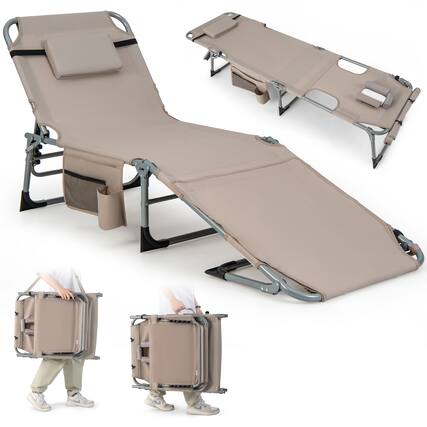 Front. Costway - Costway Outdoor Folding Chaise 5-Position Lounge Chair with Face Hole &Adjustable Footrest - Beige.