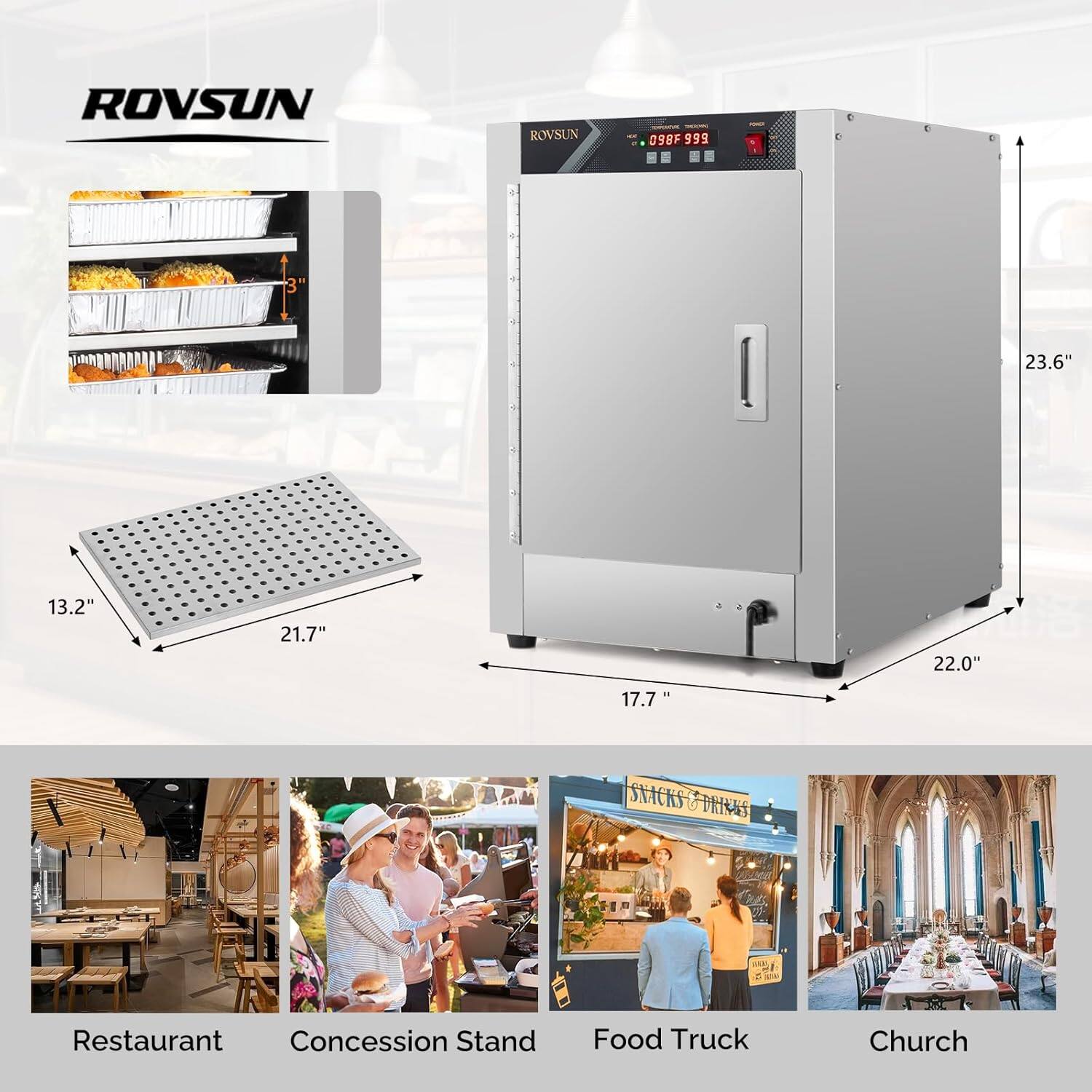 ROVSUN  
ROVSUN 098F 999  
3"  
23.6"  
13.2"  
21.7"  
17.7"  
22.0"  
SNACKS & DRINKS  
Restaurant  
Concession Stand  
Food Truck  
Church