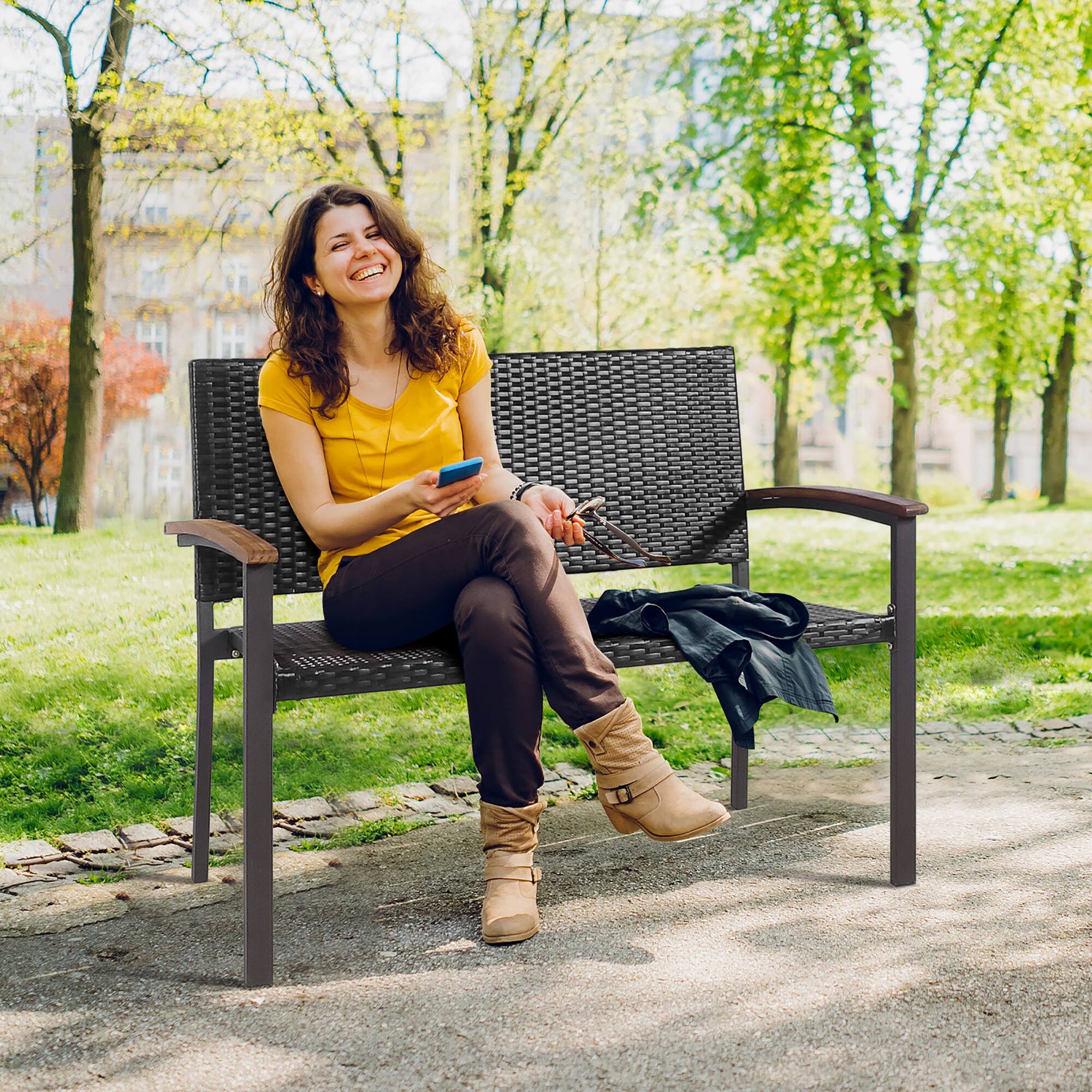 Alt View 1. Costway - Costway Outdoor Patio Rattan Wicker Bench Loveseat Chair Armrest Garden Deck - Brown.