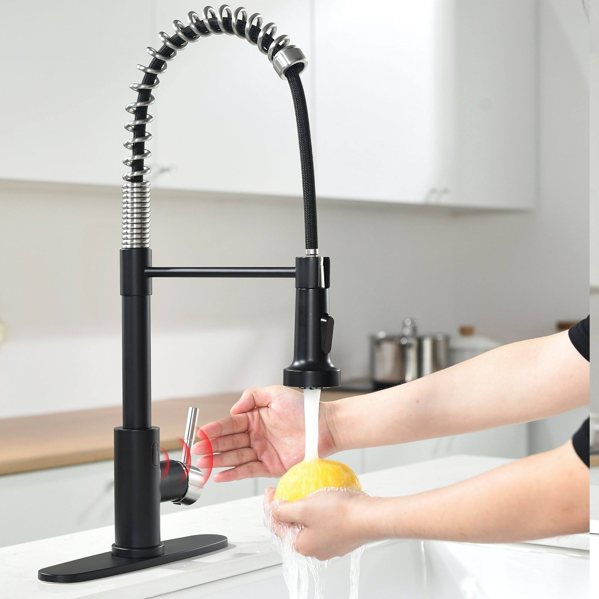 Alt View 4. Boyel Living - Black and Brushed Nickel Single Handle Touchless Pull Down Kitchen Faucet with Deckplate Included - Black & Brushed Nickel.