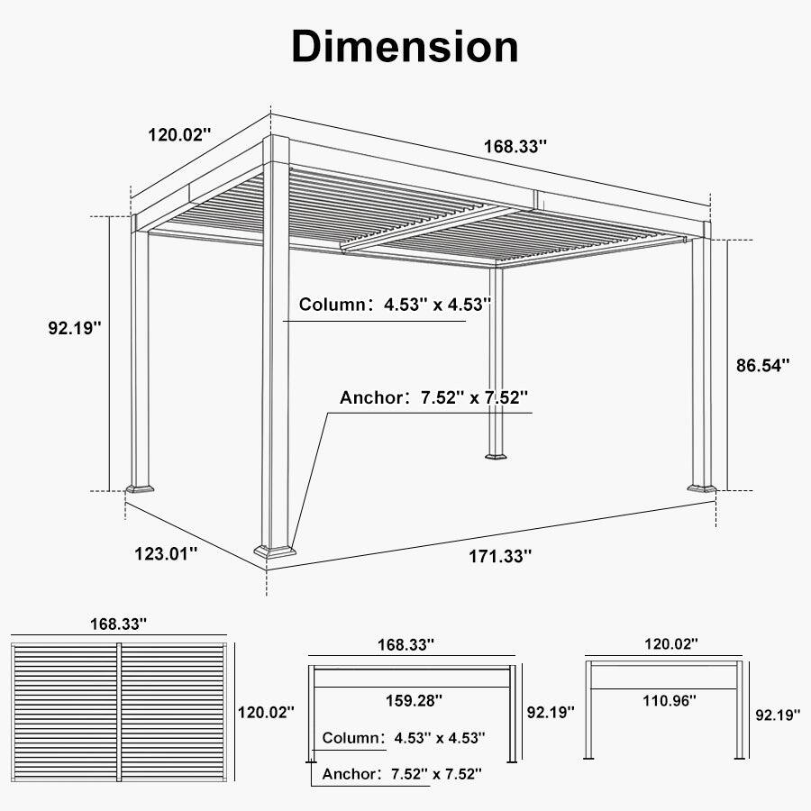 Dimension:  
- 120.02"  
- 168.33"  
- 92.19"  
- 86.54"  
- 123.01"  
- 171.33"  
- 168.33"  
- 168.33"  
- 120.02"  
- 159.28"  
- 120.02"  

Column: 4.53" x 4.53"  
Anchor: 7.52" x 7.52"