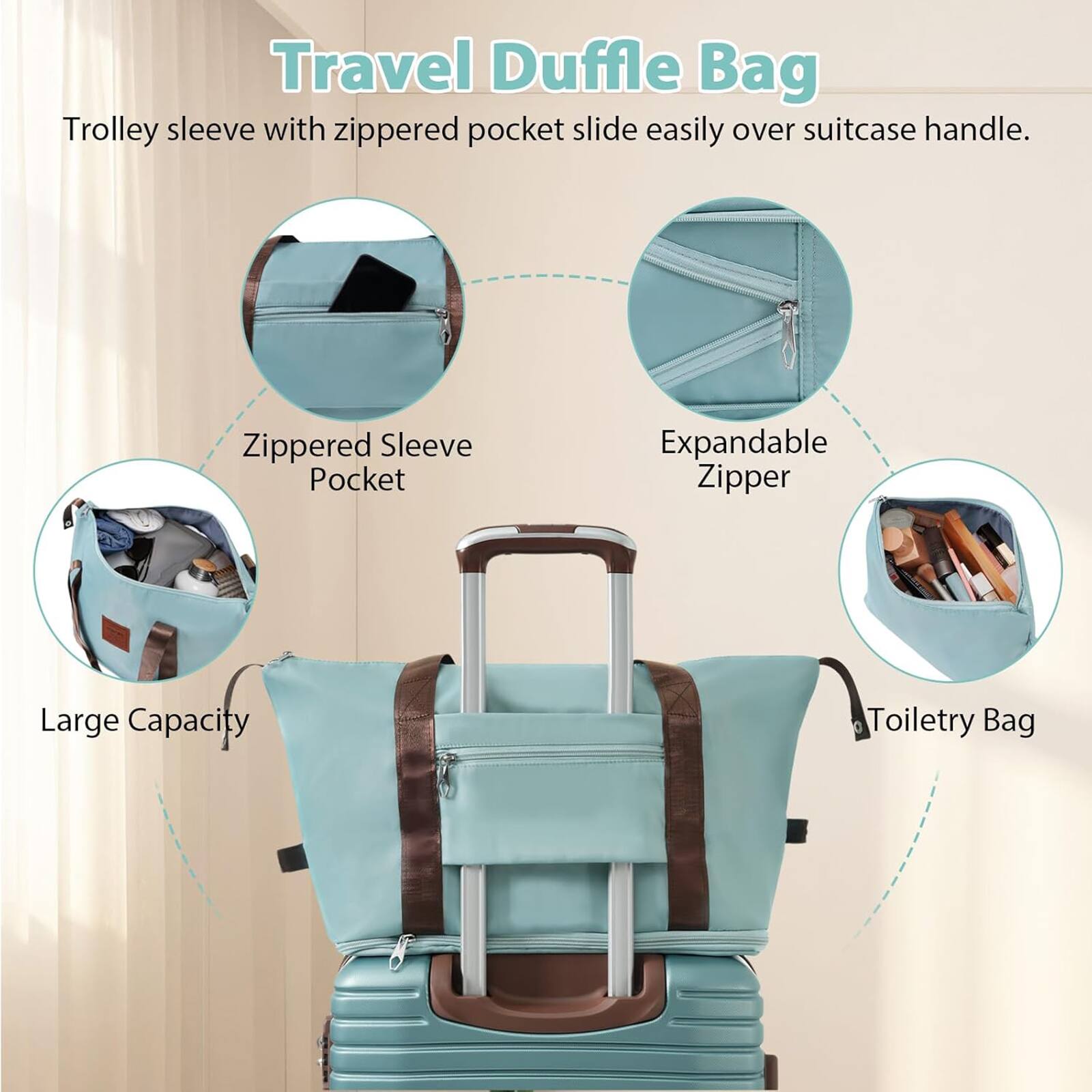 Travel Duffle Bag

- Trolley sleeve with zippered pocket slide easily over suitcase handle.
- Zippered Sleeve Pocket
- Expandable Zipper
- Large Capacity
- Toiletry Bag