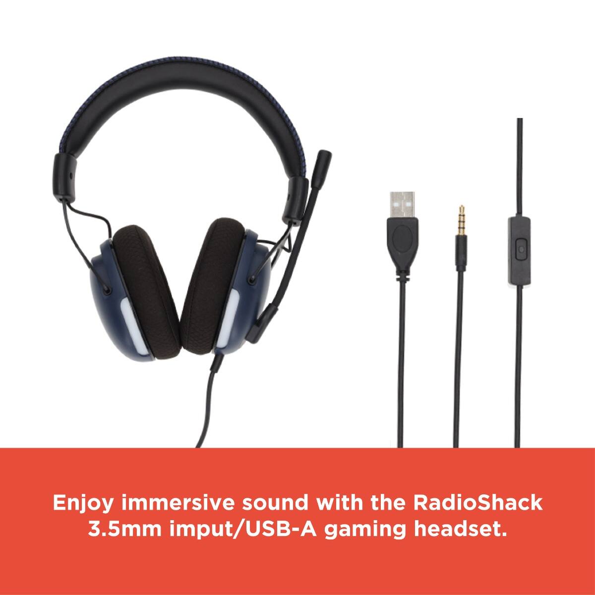 Enjoy immersive sound with the RadioShack 3.5mm input/USB-A gaming headset.