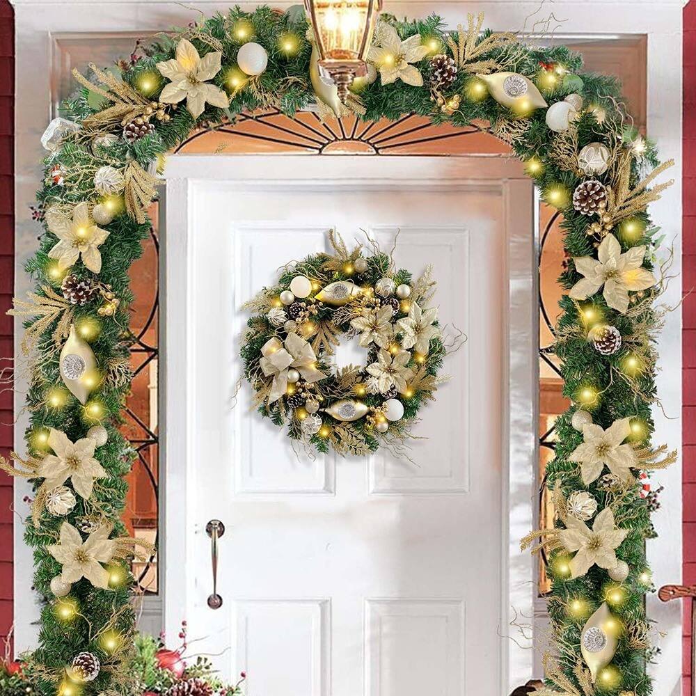 Left. RTMB - 24" Pre-Lit Christmas Wreath, Champagne Gold with LED Lights - Color: 04-champagne Gold.