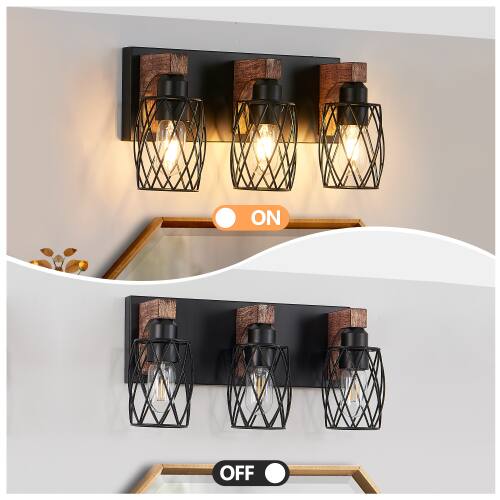 Left. LUCKY ONE - 18in Wall Mount Sconce, 3-Light Industrial Black Cage Light with Wood Accents for Bathroom - Walnut.