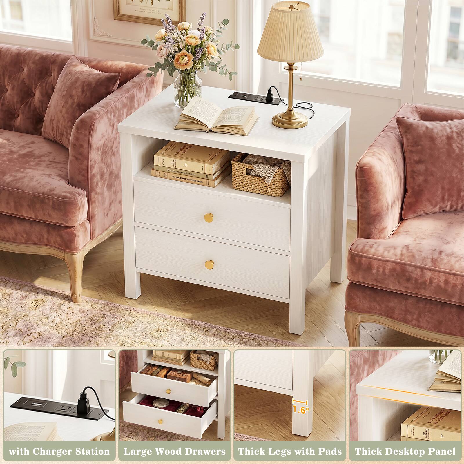- TOV THE m I 1.6" 6 with Charger Station Large Wood Drawers Thick Legs with Pads Thick Desktop Panel