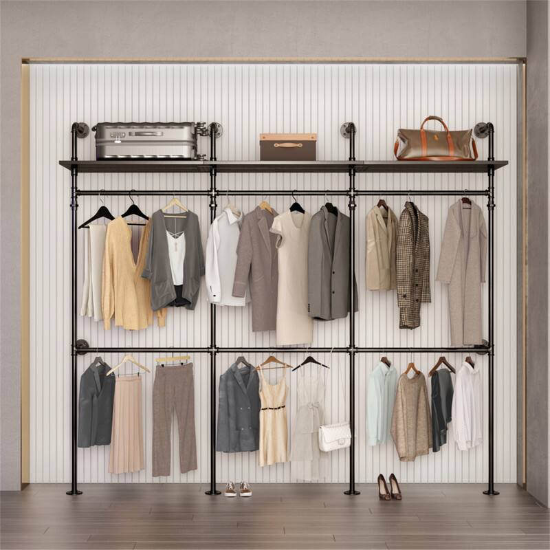 Alt View 2. ALEXOUN - Industrial Pipe Clothing Rack - 118" Reversible Heavy Duty Garment Rack with Shelves, Walk-in Closet System, Black,3pcs - Black.