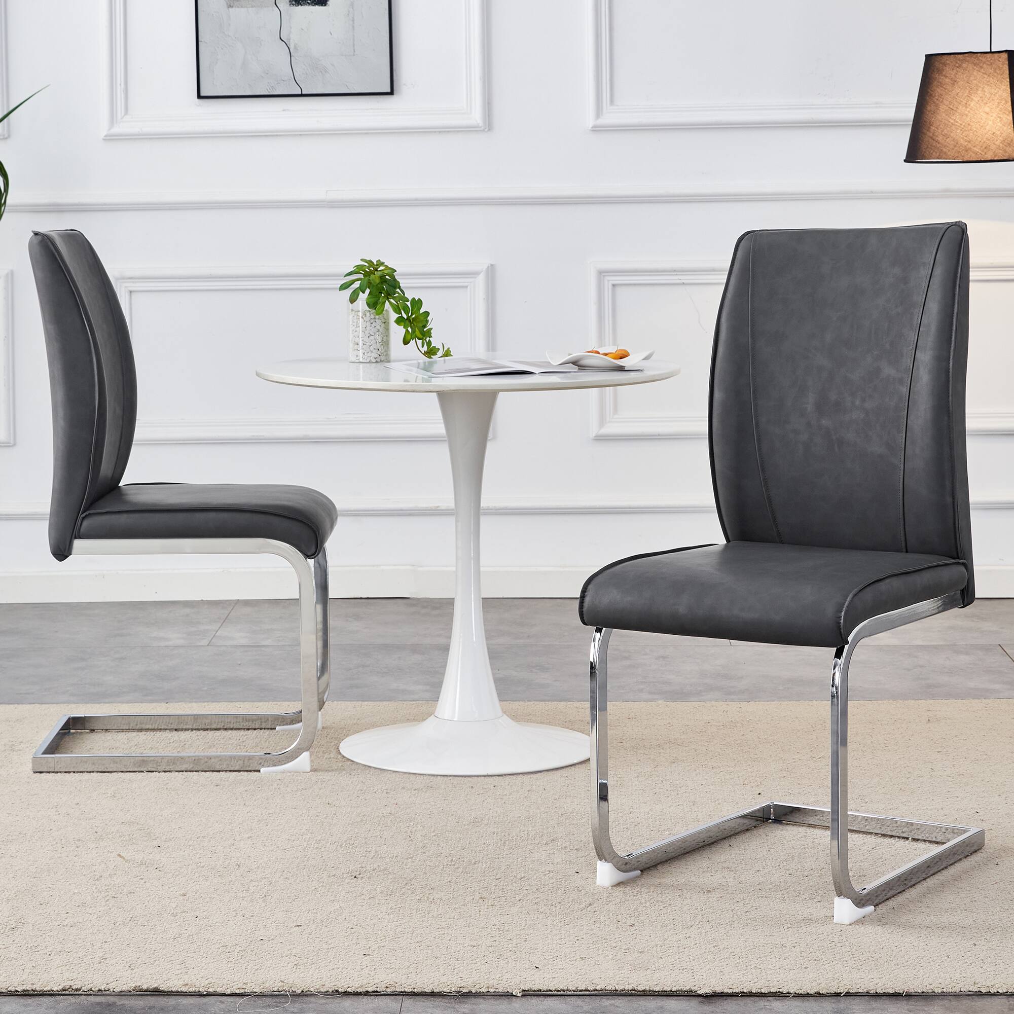 Alt View 1. Ecooso - Simple Arch Chair - Set of 2 Dark Gray PU Material High Resilience Dining Chair with Arched Metal Silver Leg. - Dark Gray,Silver.