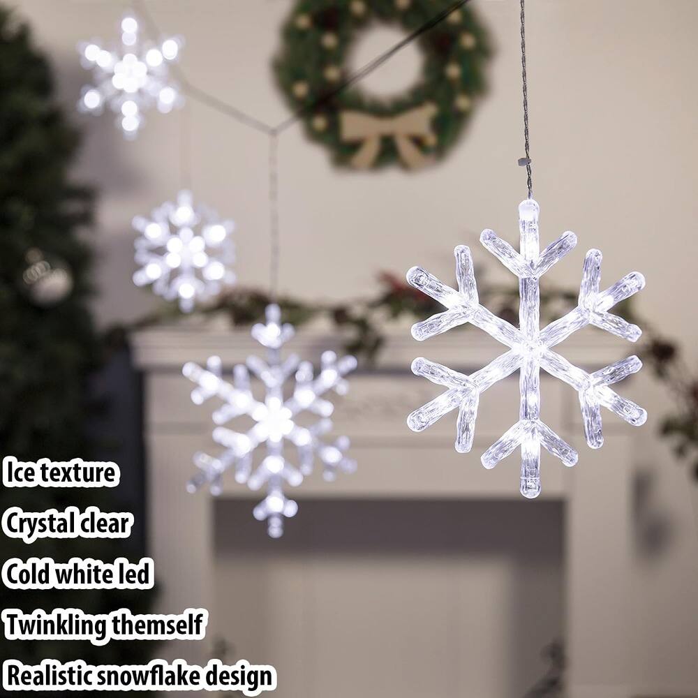 Ice texture  
Crystal clear  
Cold white LED  
Twinkling themselves  
Realistic snowflake design