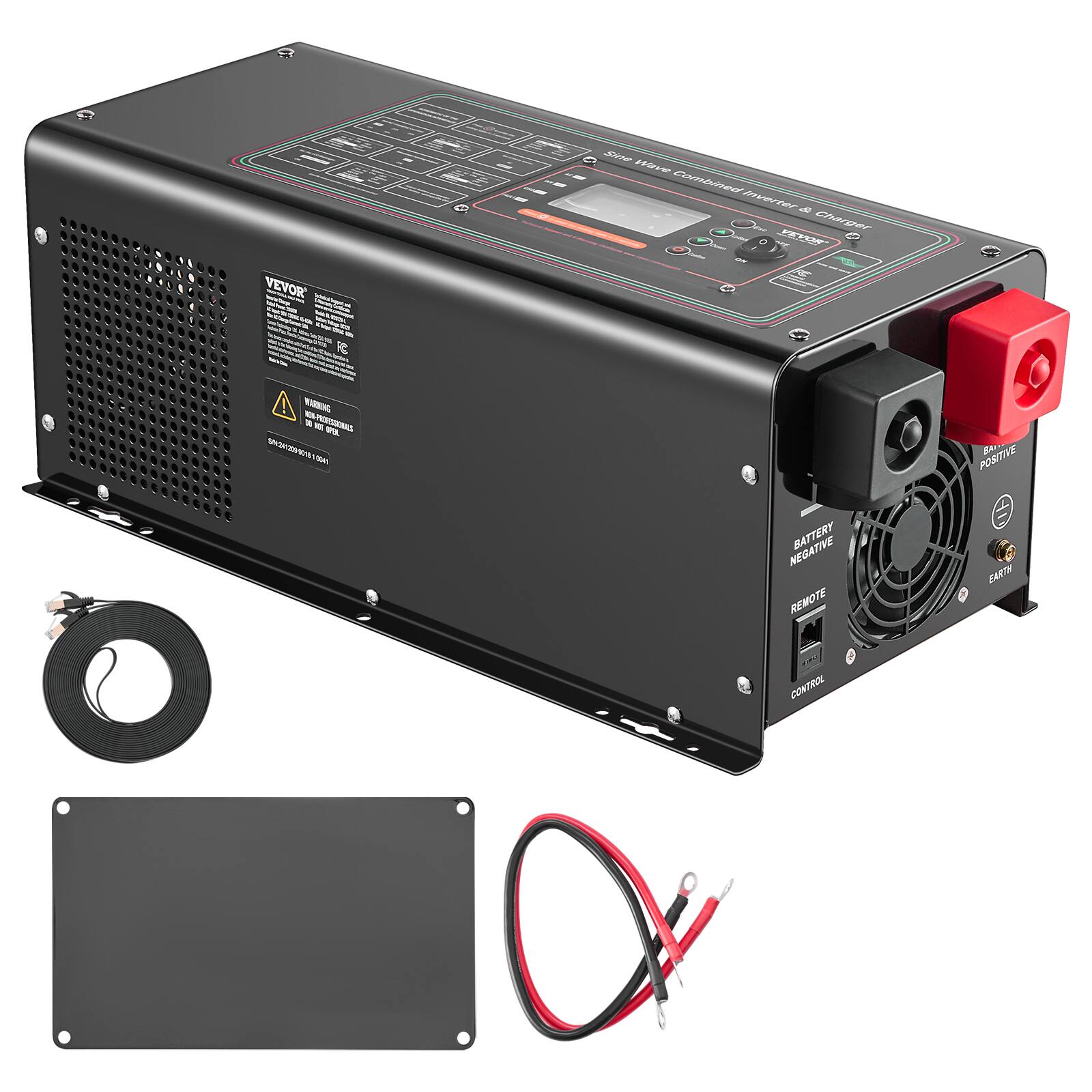 VEVOR  
Sine Wave Combined Inverter & VEVOR Charger ON  

GMINSAM ZANDOSTROFF-NOV NOT OPEN. SN24)20010101810341  
NEGATIVE BATTERY REMOTE  
POSITIVE BATTERY EARTH  
CONTROL