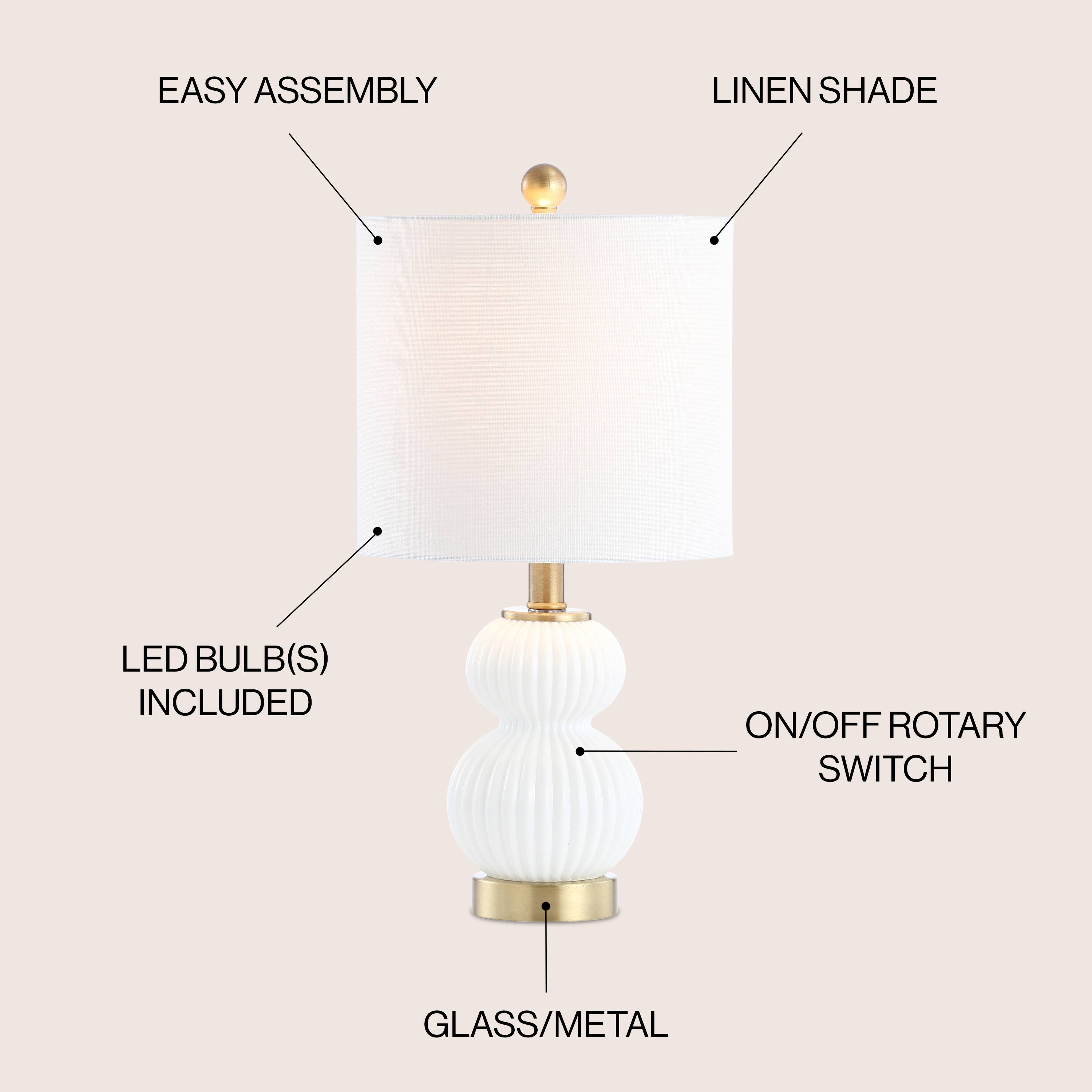 EASY ASSEMBLY  
LINEN SHADE  
LED BULB(S) INCLUDED  
ON/OFF ROTARY SWITCH  
GLASS/METAL