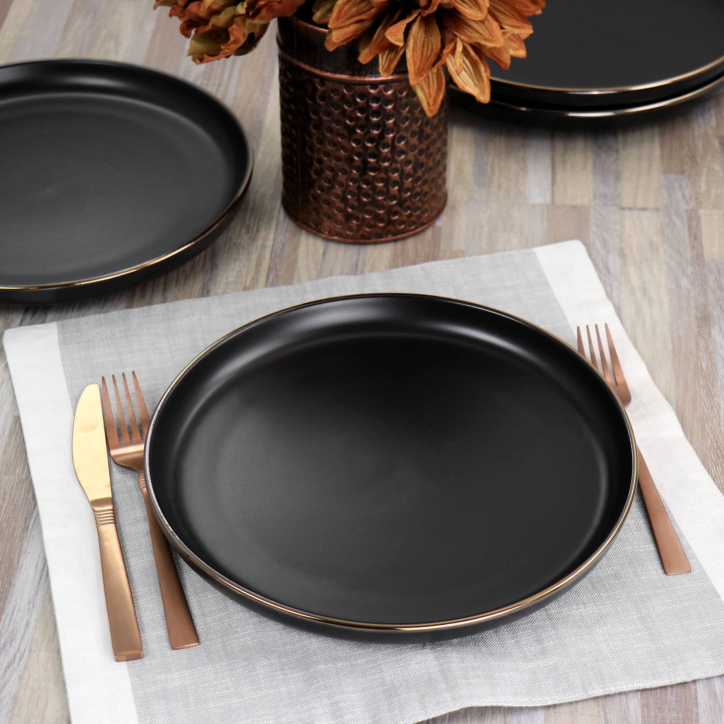 Alt View 5. Elama - Elama Paul 6 Piece Stoneware Dinner Plate Set in Matte Black with Gold Rim - Black.
