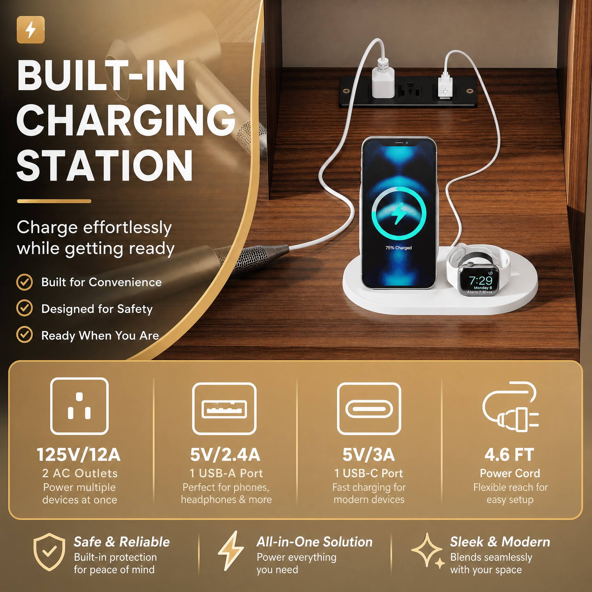 BUILT-IN CHARGING STATION

Charge effortlessly while getting ready

Built for Convenience
Designed for Safety
Ready When You Are

125V/12A
2 AC Outlets
Power multiple devices at once

5V/2.4A
1 USB-A Port
Perfect for phones, headphones & more

5V/3A
1 USB-C Port
Fast charging for modern devices

4.6 FT
Power Cord
Flexible reach for easy setup

Safe & Reliable
Built-in protection for peace of mind

All-in-One Solution
Power everything you need

Sleek & Modern
Blends seamlessly with your space
