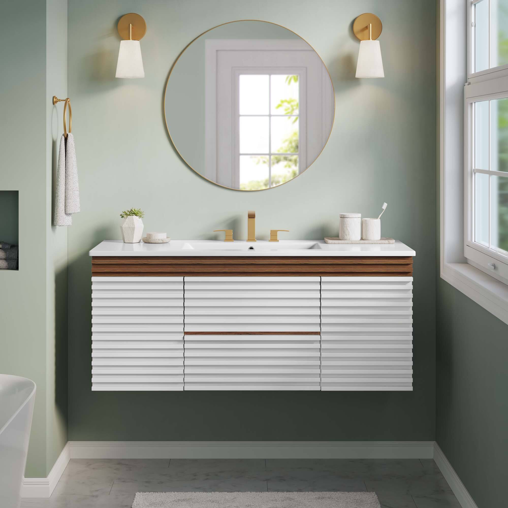 Front. Modway - Render 48" Wall-Mount Bathroom Vanity Basin Included by Modway - White Walnut White.