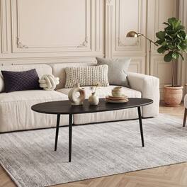 WELLFOR - Oval Coffee Table with Metal Legs, Mid Century Center Table Easy Assembly Tea Table - Black