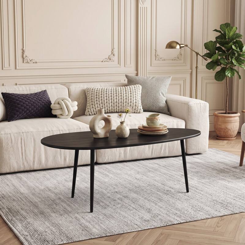 WELLFOR - Oval Coffee Table with Metal Legs, Mid Century Center Table Easy Assembly Tea Table - Black