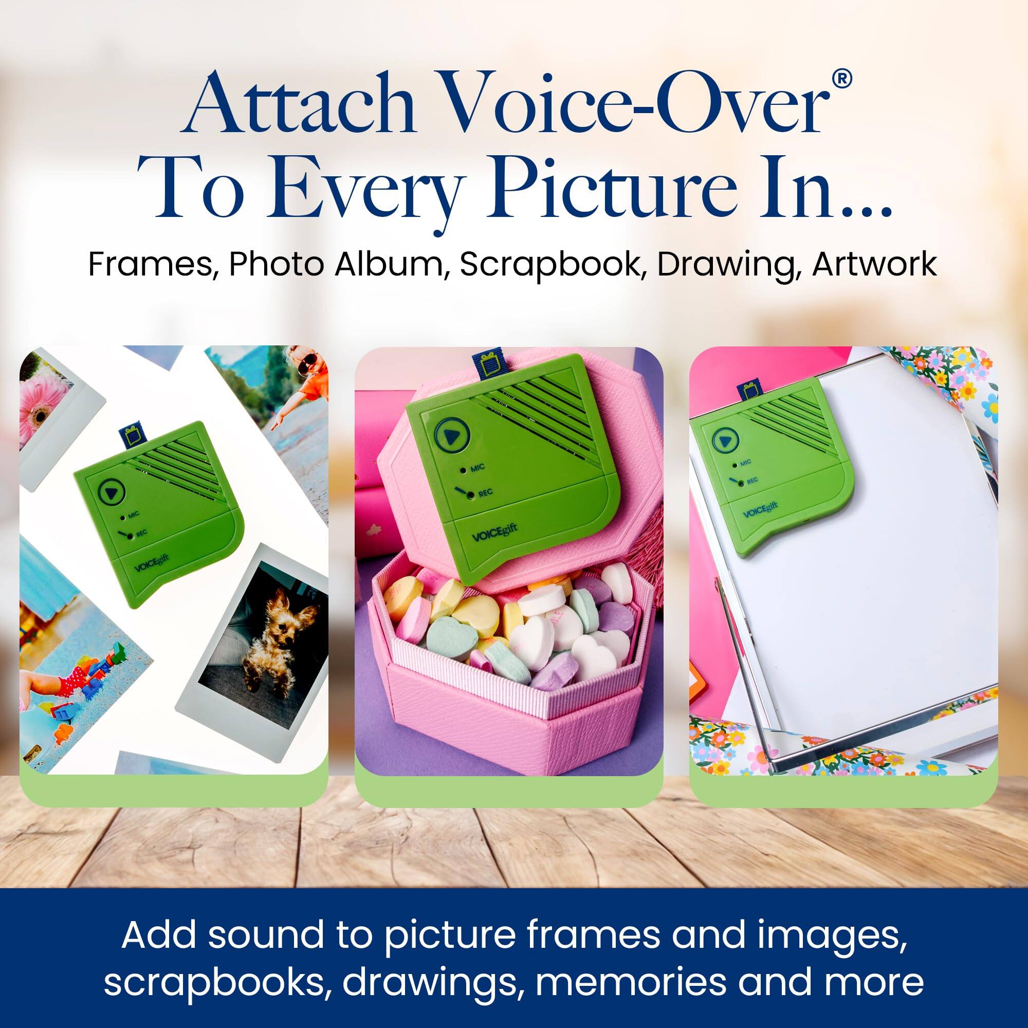 Attach Voice-Over® To Every Picture In...
Frames, Photo Album, Scrapbook, Drawing, Artwork

Add sound to picture frames and images, scrapbooks, drawings, memories and more