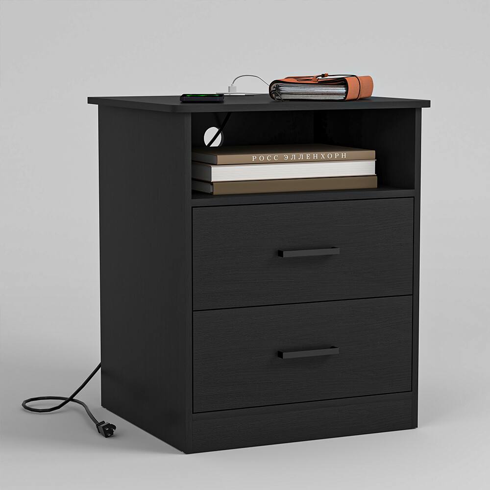 Left. Kadyn - Kadyn Wood Nightstand With Charging Station, Bedside Table With 2 Drawers, Bedroom - BL 2-Pack.