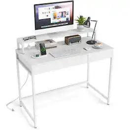 Costway - Computer Desk with Power Outlets, Compact Office Desk with Removable Monitor Shelf - White