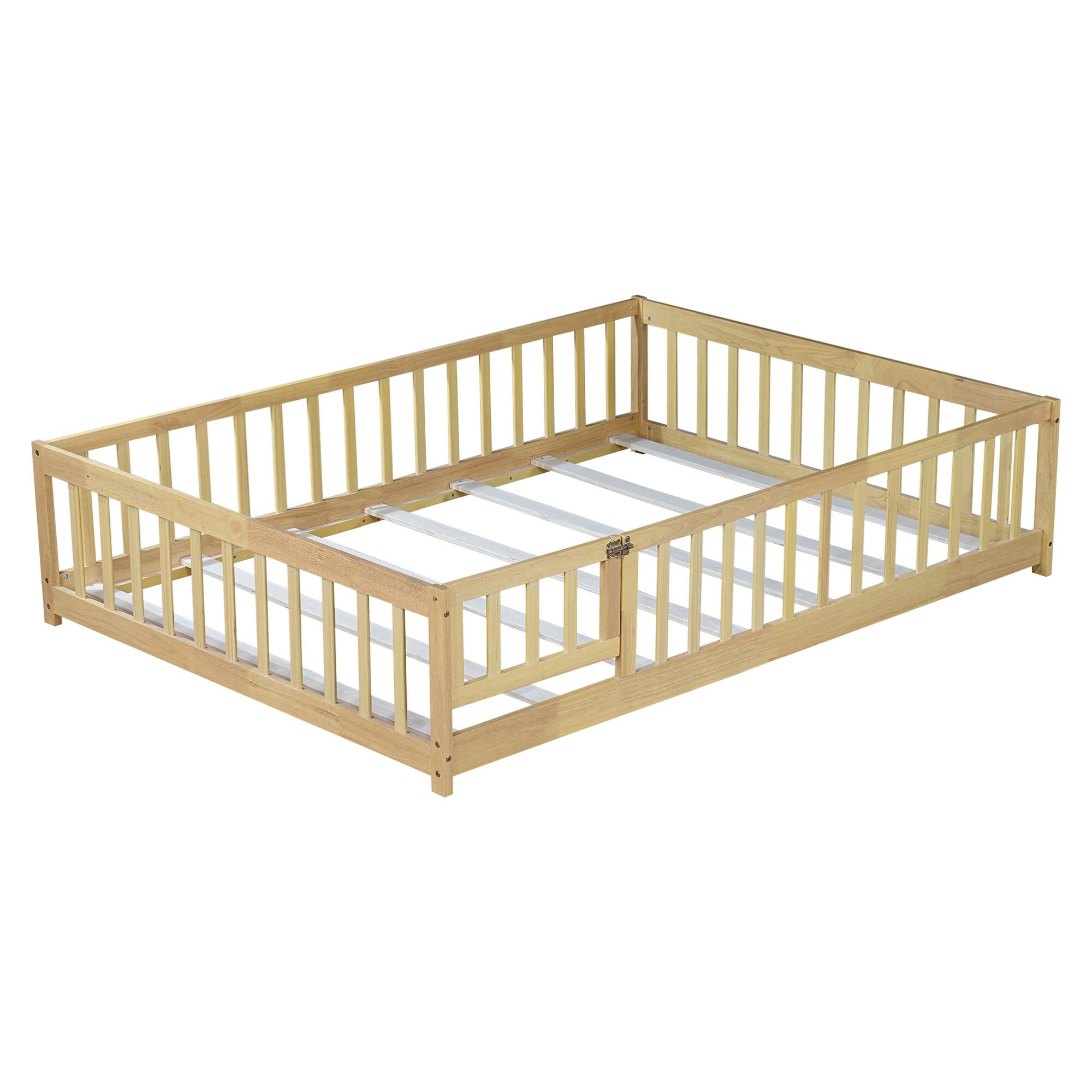 Alt View 8. GOODSILO - Full Size Low Profile Children's Floor Bed with Safety Guardrails and Entry Door, Solid Wood Construction - Natural.