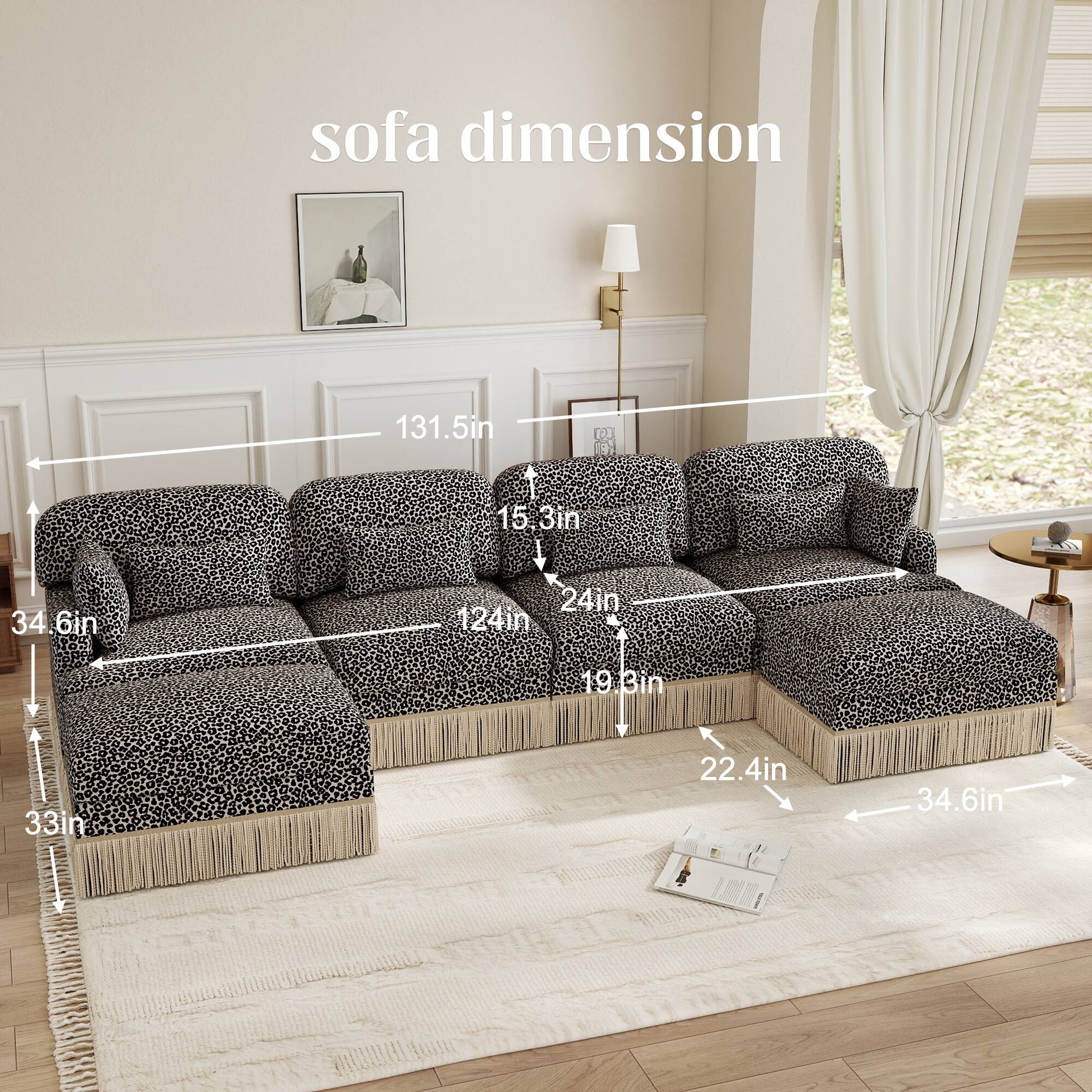 sofa dimension 131.5in 15.3in 34.6in 24in 124in 19.3in 33in 22.4in 34.6in