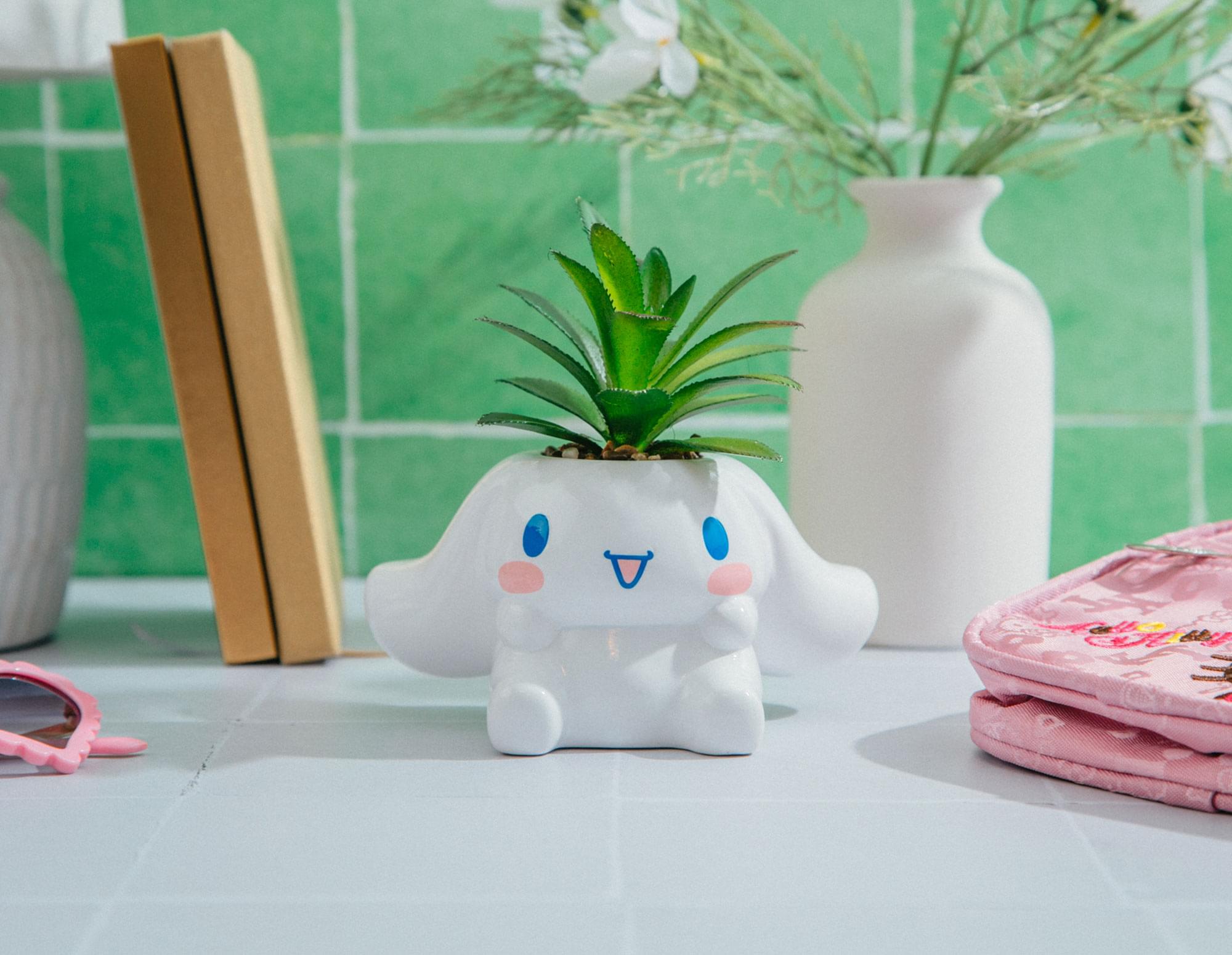 Alt View 4. Silver Buffalo - Sanrio Cinnamoroll 3-Inch Ceramic Mini Planter With Artificial Succulent - White.