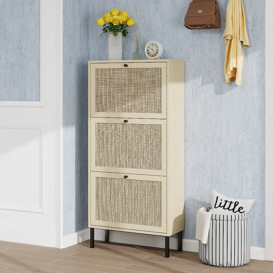 Loheer Rattan 3 Door Shoe Rack, Freestanding Modern Shoe Storage ...