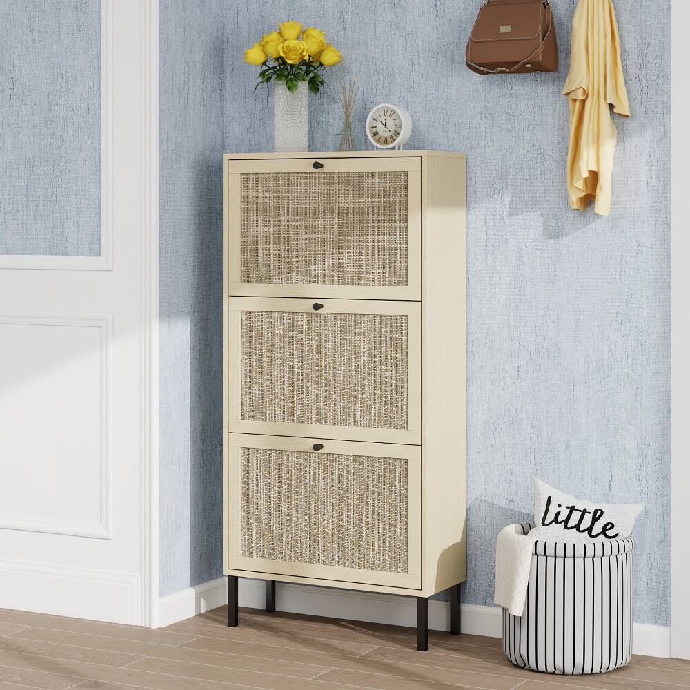 Loheer Rattan 3 Door Shoe Rack, Freestanding Modern Shoe Storage ...